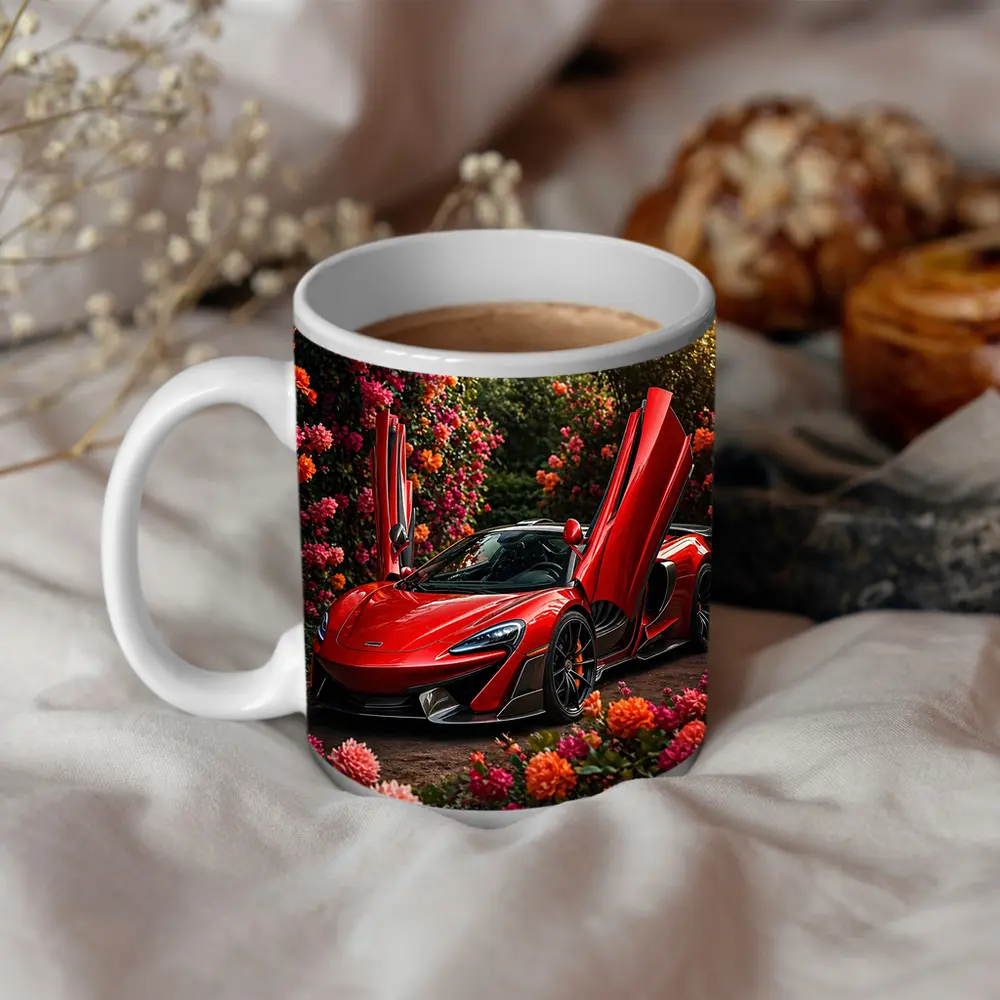 Red McLaren 570S Among Blooming Flowers – Mugs