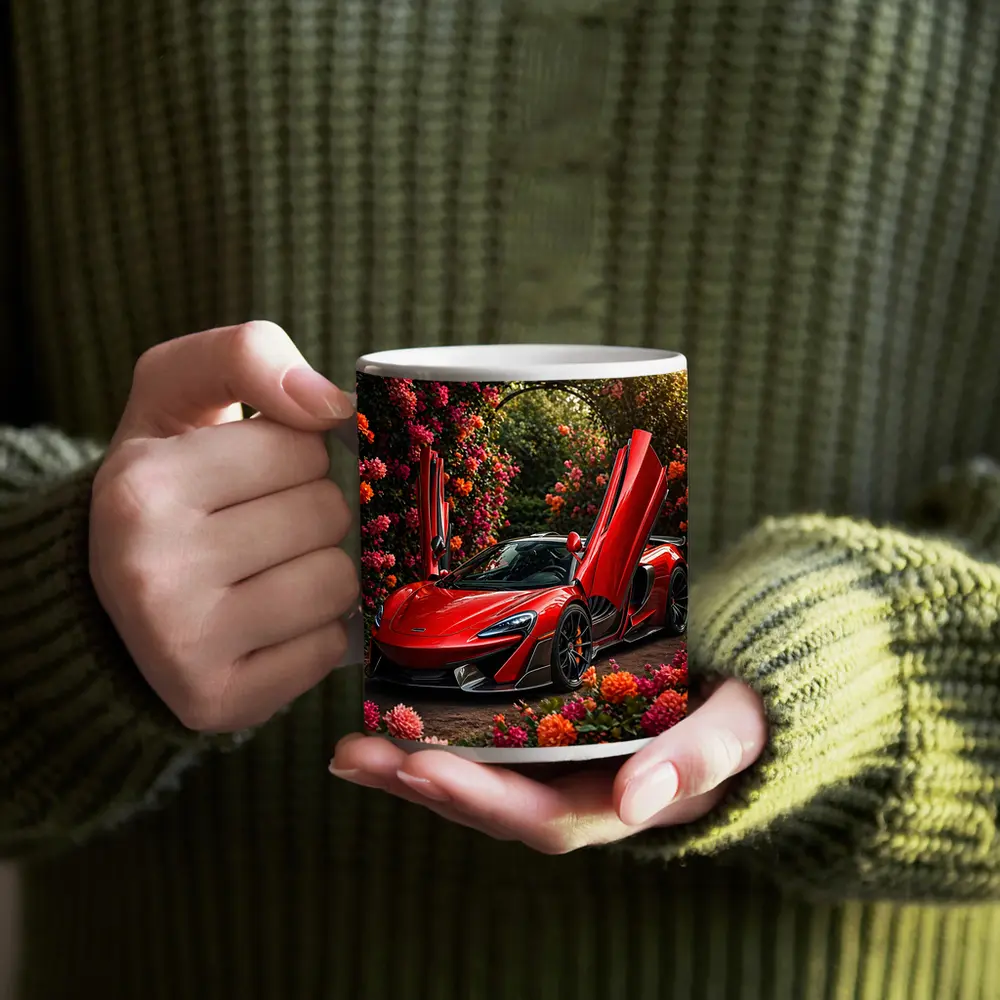 Red McLaren 570S Among Blooming Flowers – Mugs