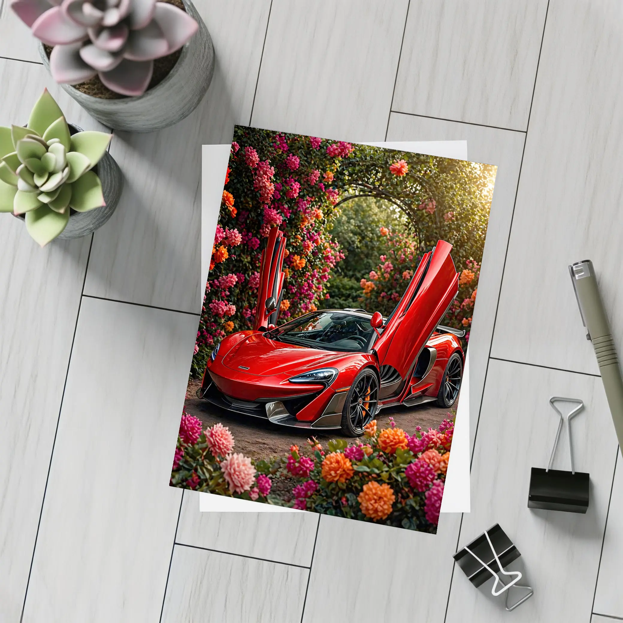Red McLaren 570S Among Blooming Flowers – Postcards