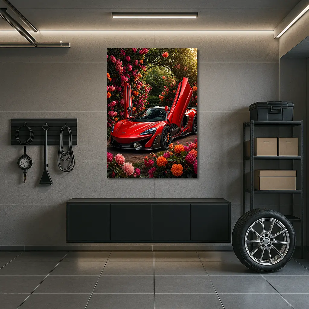 Red McLaren 570S Among Blooming Flowers – Wall Art
