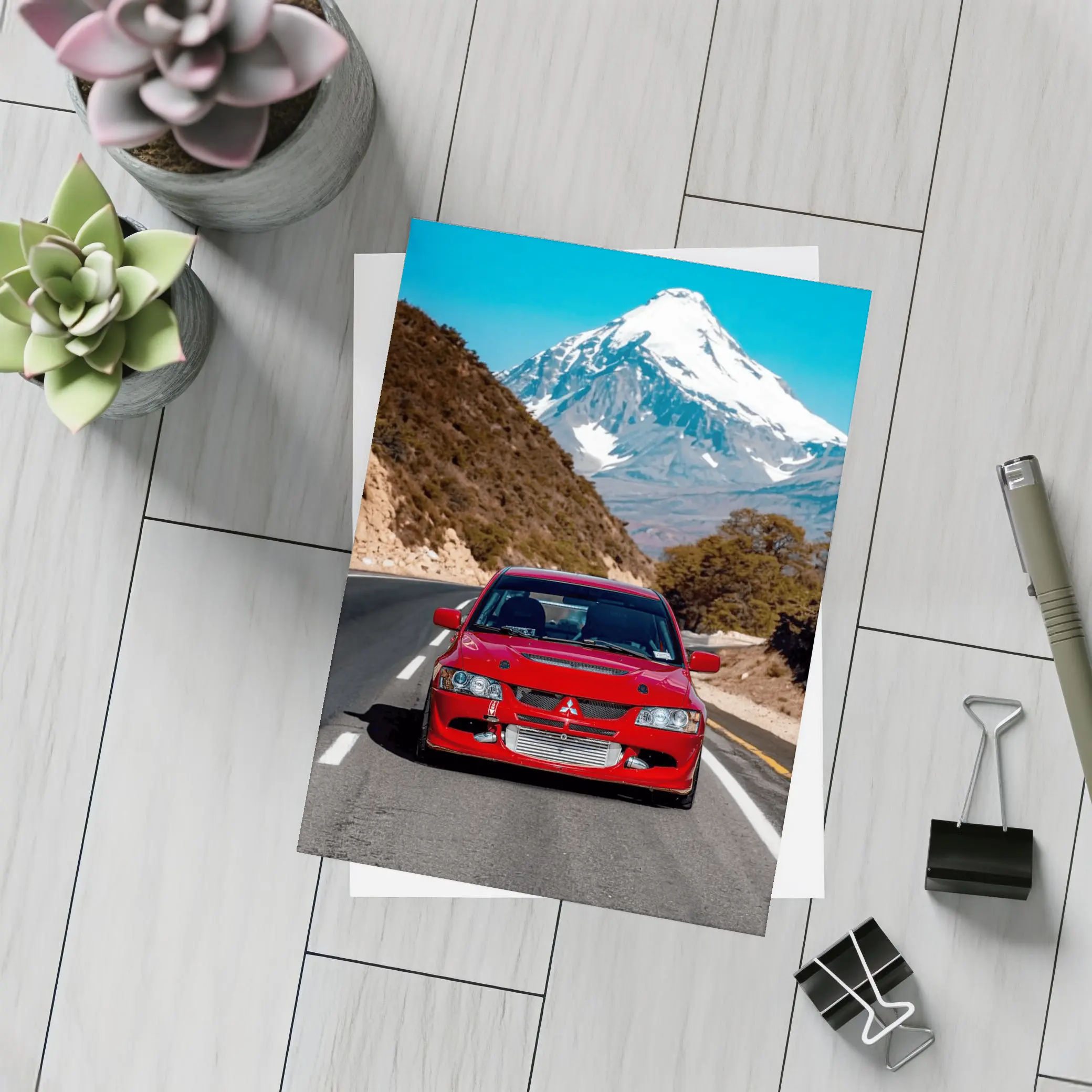 Red Mitsubishi Lancer Evo Mountain Road – Postcards