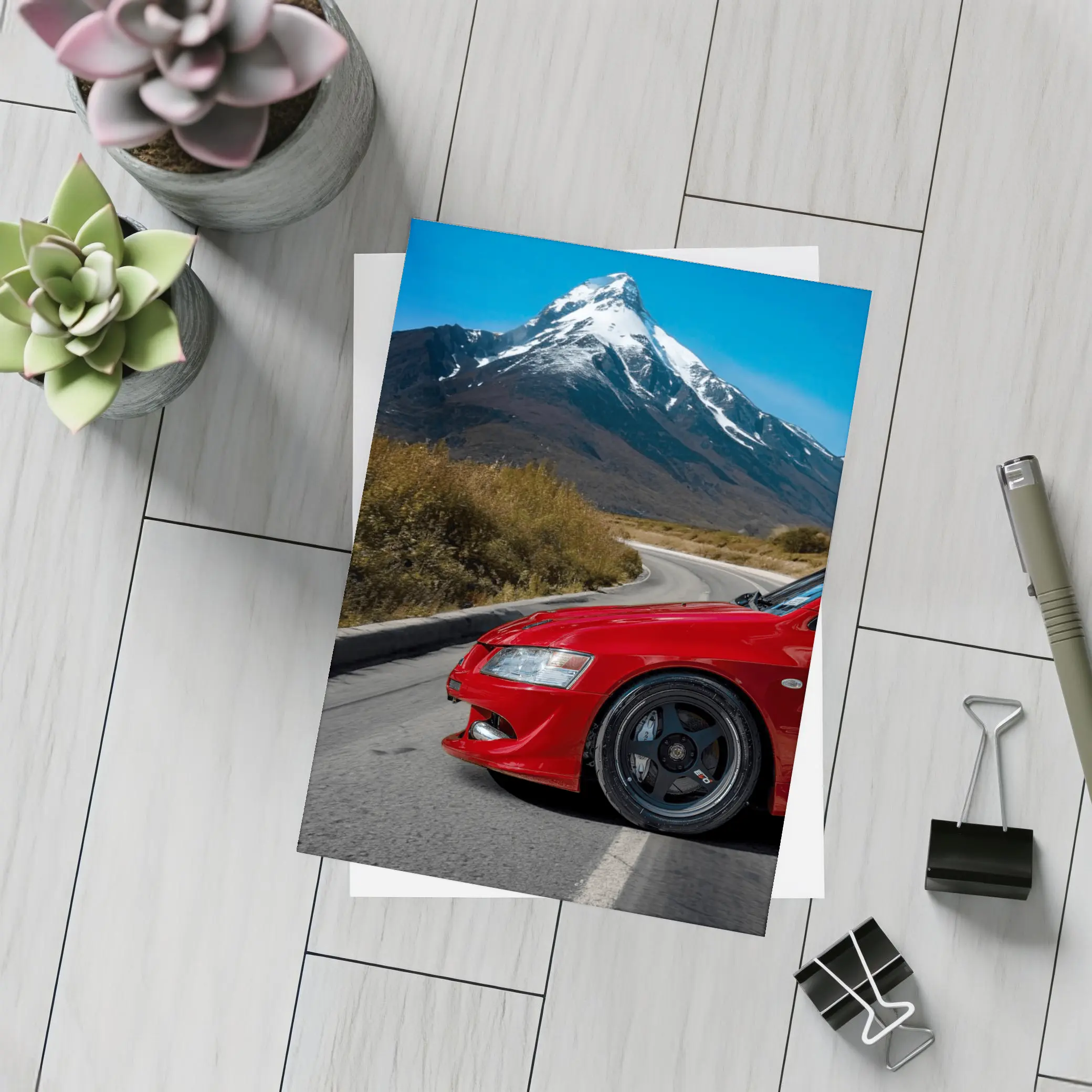 Red Mitsubishi Lancer Evolution Mountain Road – Postcards