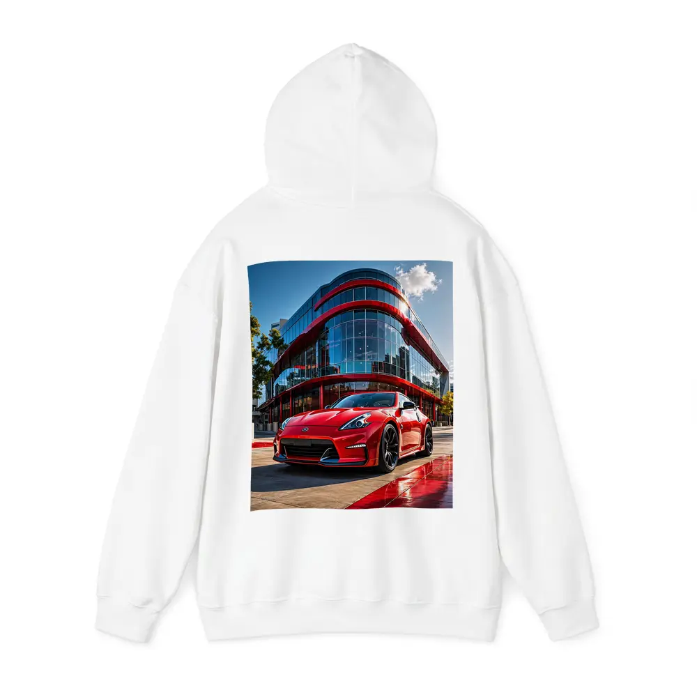 Red Nissan 370Z Outside Modern Glass Building – Hoodies