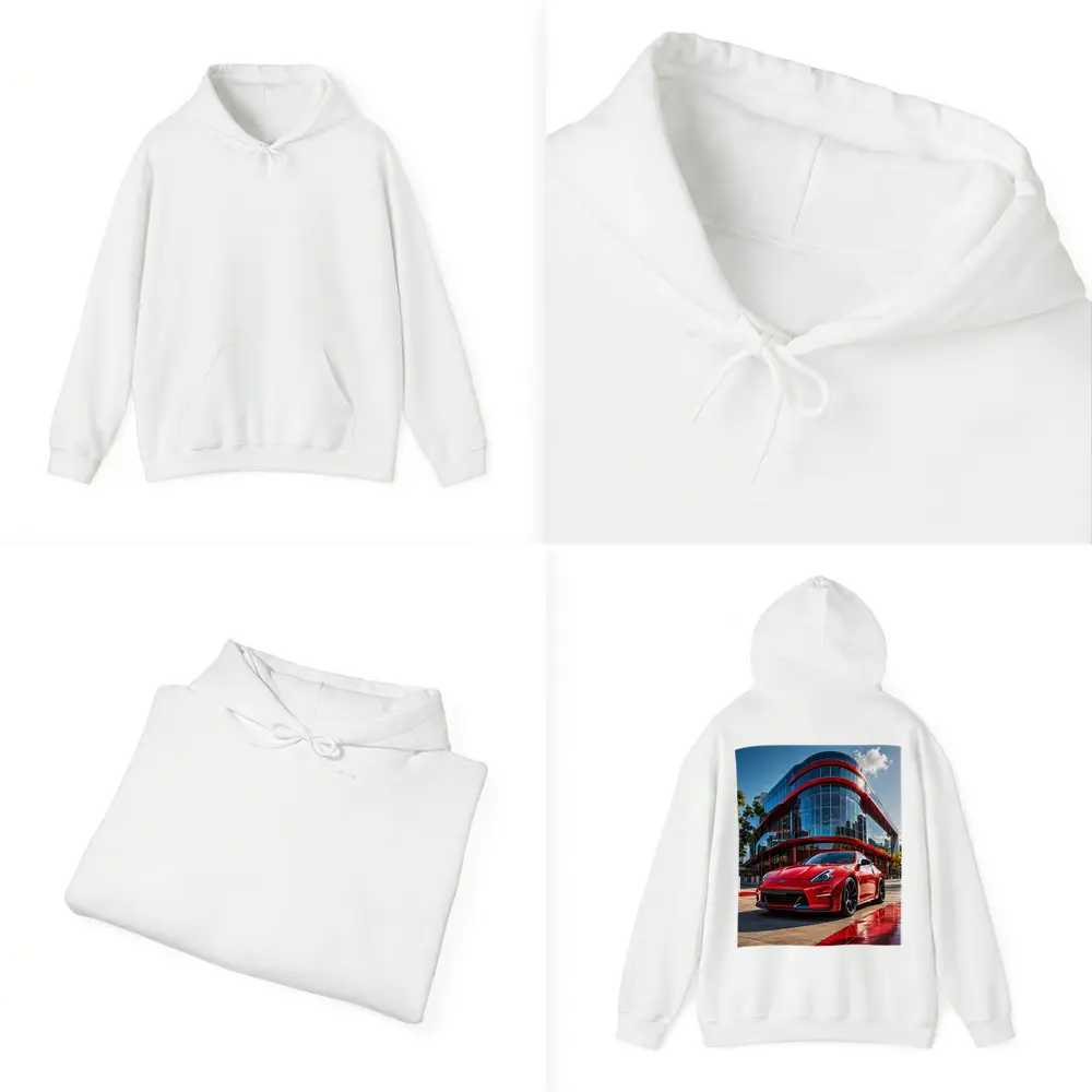 Red Nissan 370Z Outside Modern Glass Building – Hoodies