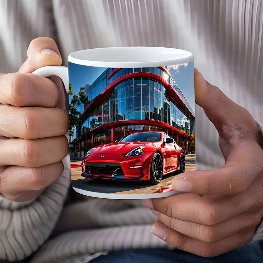 Red Nissan 370Z Outside Modern Glass Building – Mugs
