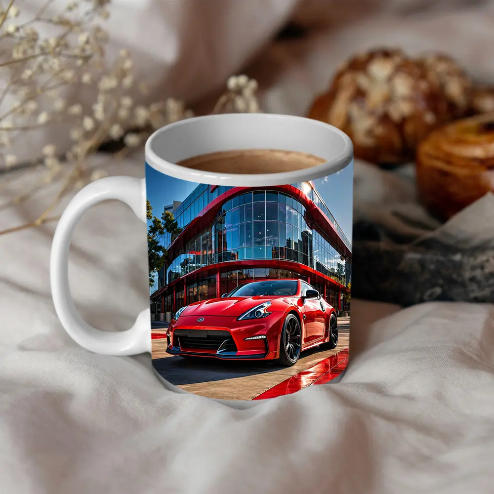 Red Nissan 370Z Outside Modern Glass Building – Mugs