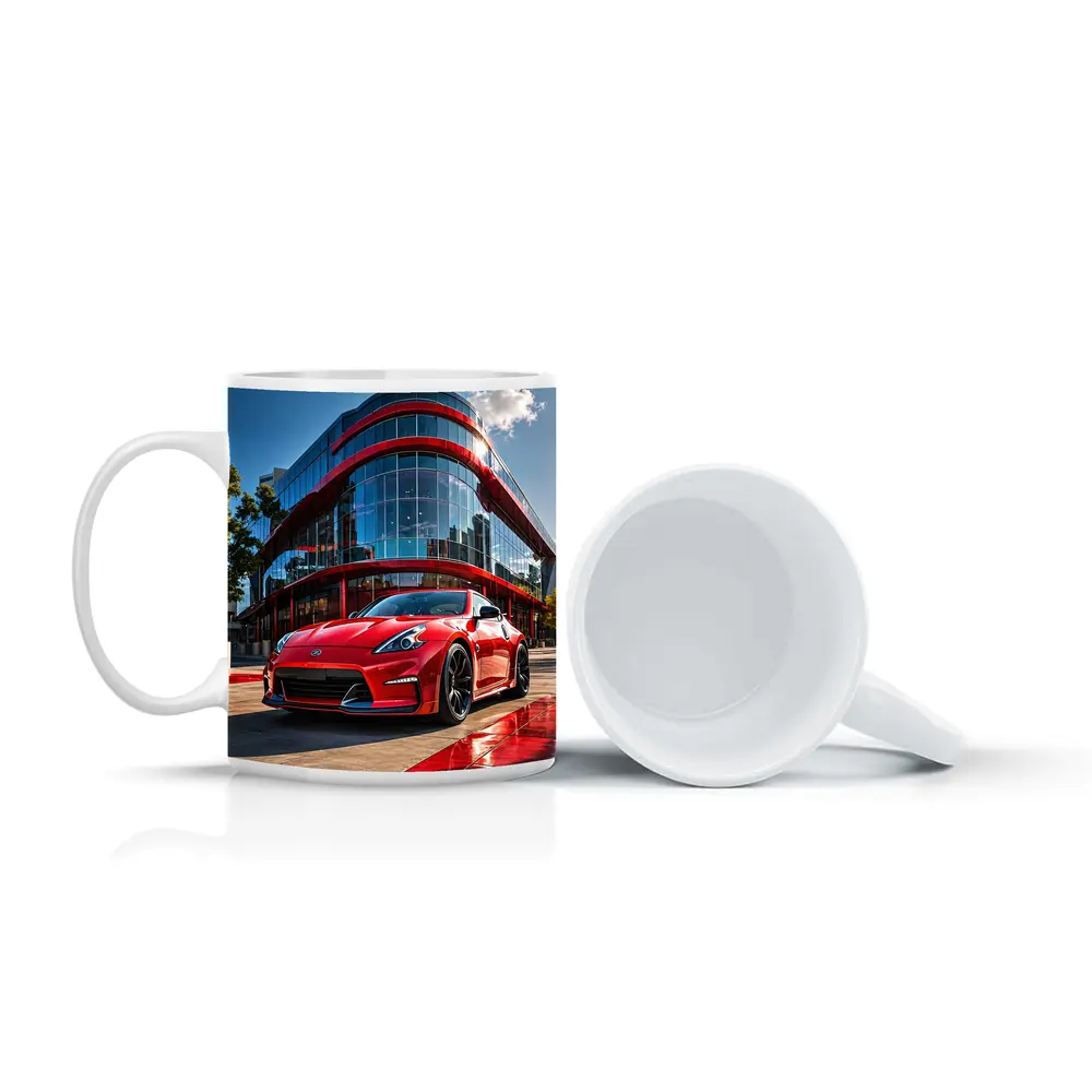 Red Nissan 370Z Outside Modern Glass Building – Mugs
