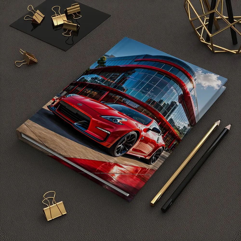 Red Nissan 370Z Outside Modern Glass Building – Notebooks