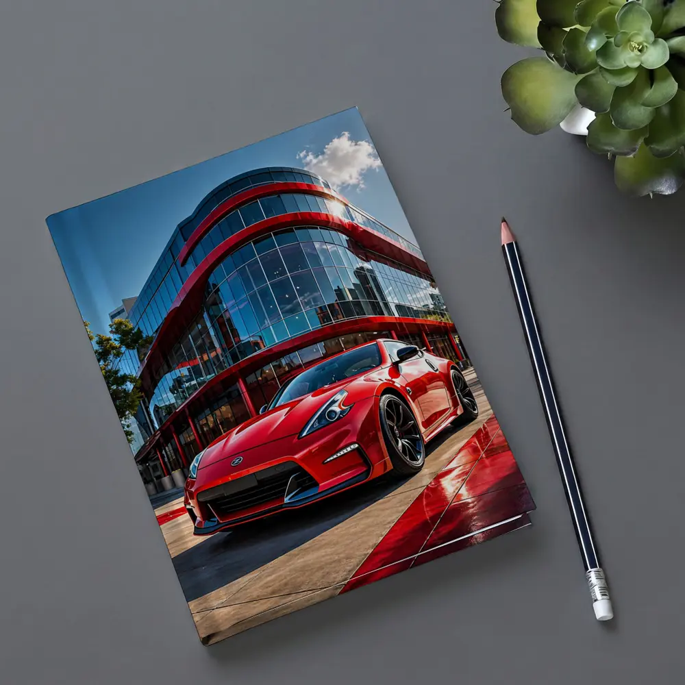 Red Nissan 370Z Outside Modern Glass Building – Notebooks
