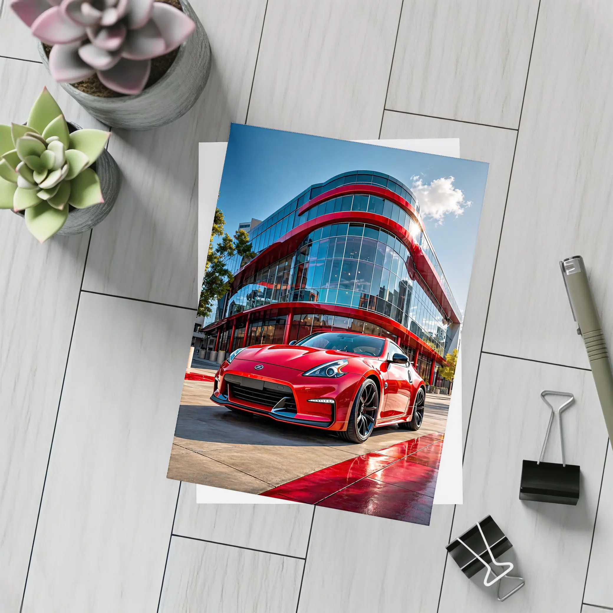 Red Nissan 370Z Outside Modern Glass Building – Postcards