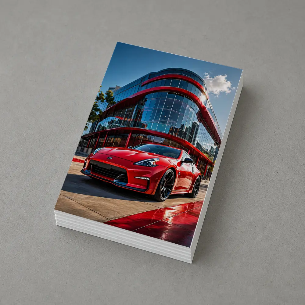 Red Nissan 370Z Outside Modern Glass Building – Postcards