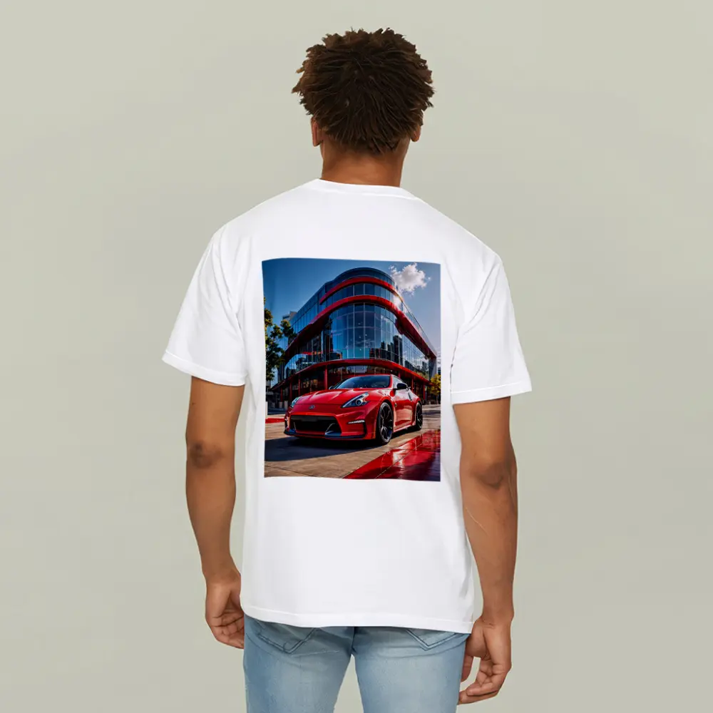 Red Nissan 370Z Outside Modern Glass Building – T-Shirts
