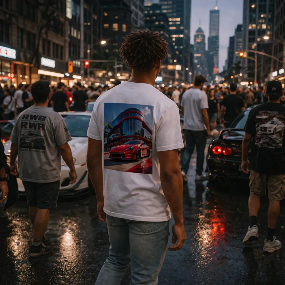 Red Nissan 370Z Outside Modern Glass Building – T-Shirts