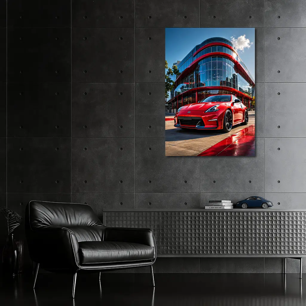 Red Nissan 370Z Outside Modern Glass Building – Wall Art