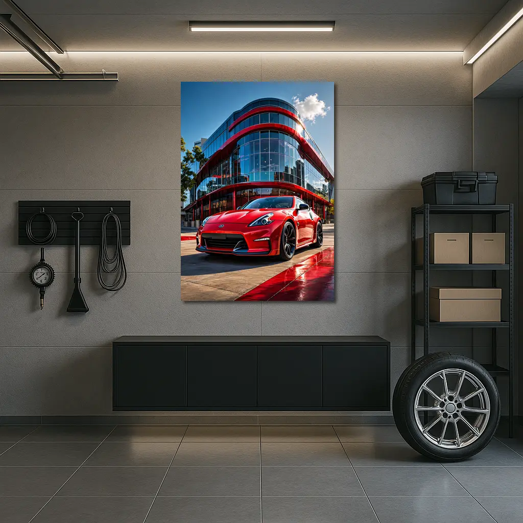 Red Nissan 370Z Outside Modern Glass Building – Wall Art