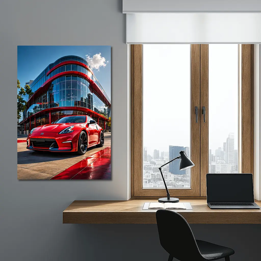 Red Nissan 370Z Outside Modern Glass Building – Wall Art