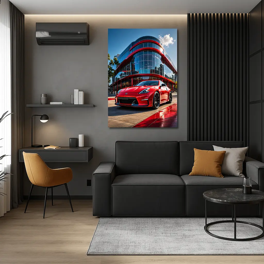 Red Nissan 370Z Outside Modern Glass Building – Wall Art
