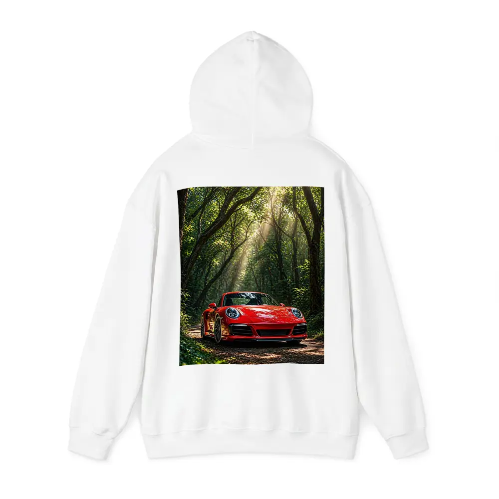 Red Porsche 911 Parked in Green Forest – Hoodies