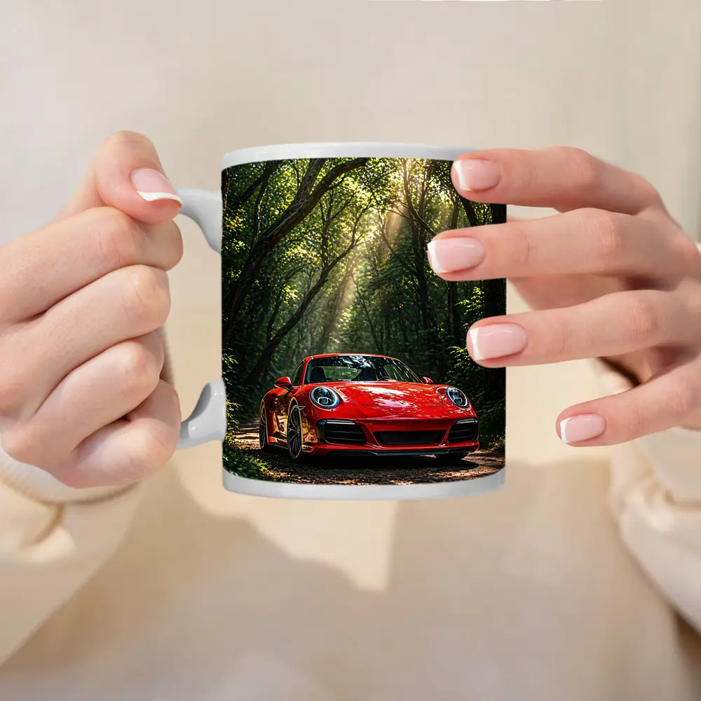 Red Porsche 911 Parked in Green Forest – Mugs