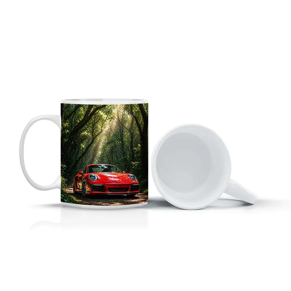 Red Porsche 911 Parked in Green Forest – Mugs