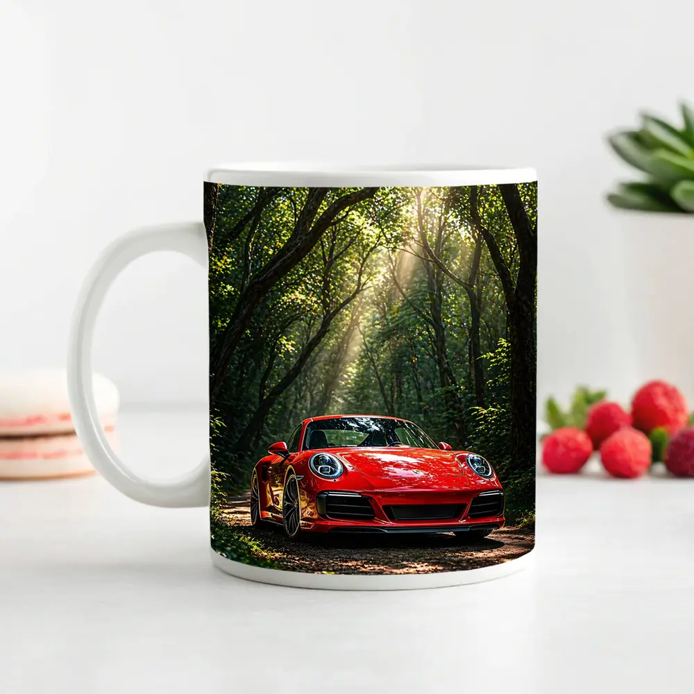Red Porsche 911 Parked in Green Forest – Mugs