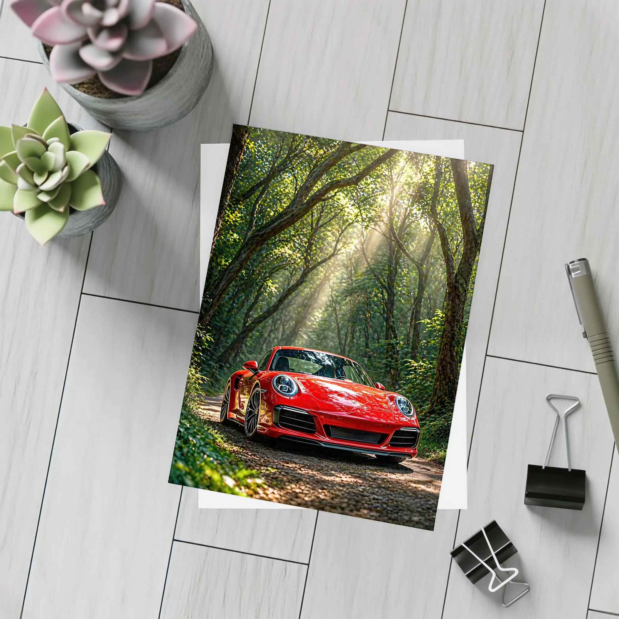 Red Porsche 911 Parked in Green Forest – Postcards