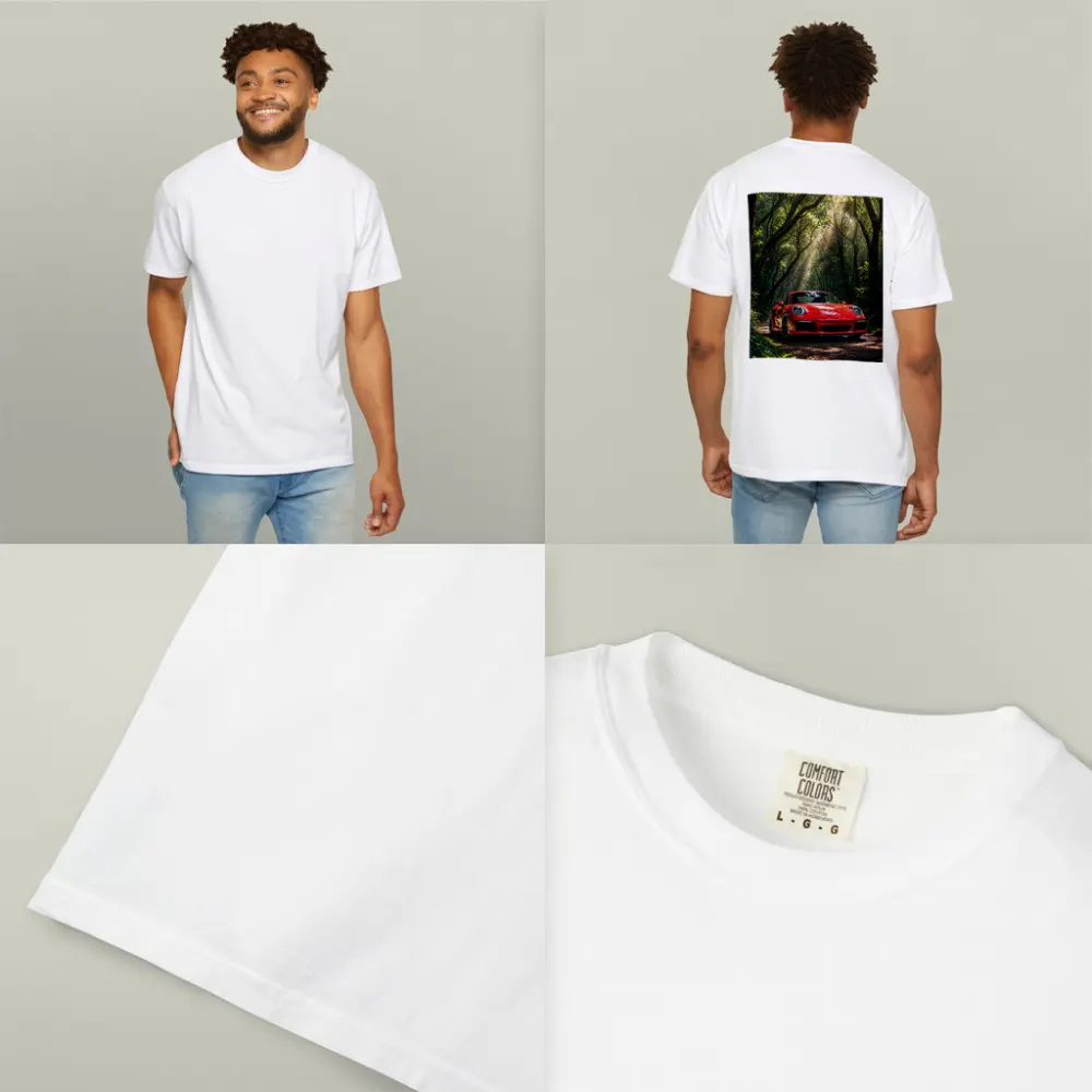 Red Porsche 911 Parked in Green Forest – T-Shirts