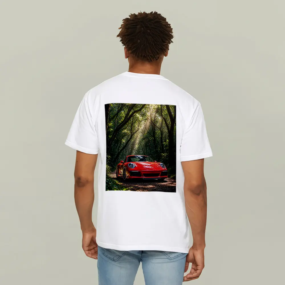 Red Porsche 911 Parked in Green Forest – T-Shirts