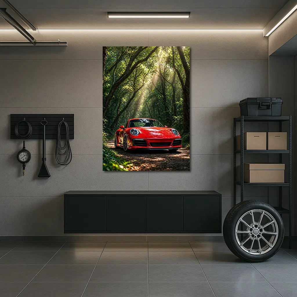 Red Porsche 911 Parked in Green Forest – Wall Art