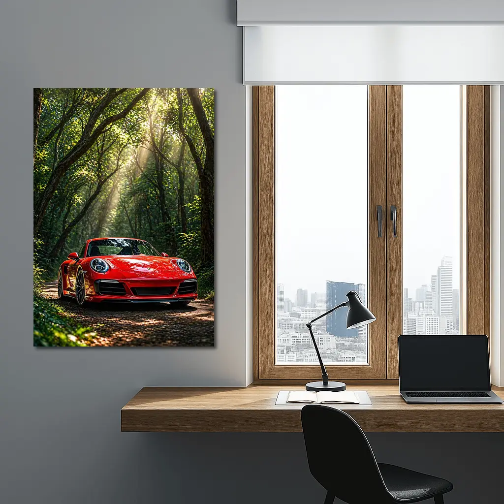 Red Porsche 911 Parked in Green Forest – Wall Art