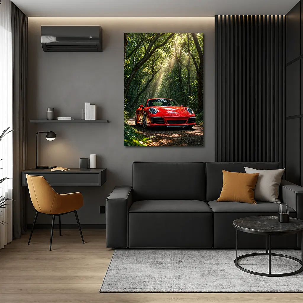 Red Porsche 911 Parked in Green Forest – Wall Art
