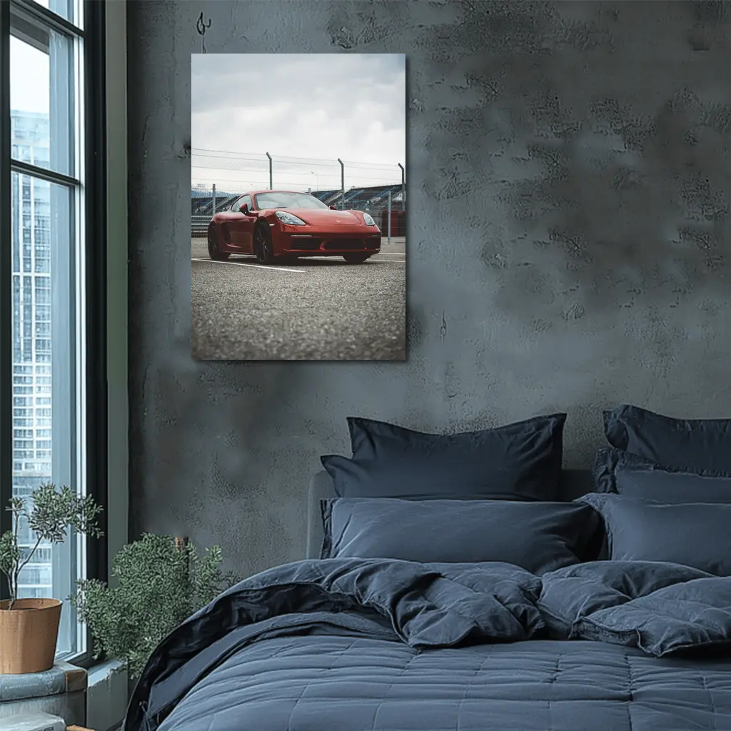 Red Porsche Cayman at Racing Circuit Track – Wall Art