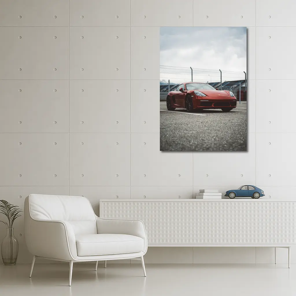 Red Porsche Cayman at Racing Circuit Track – Wall Art