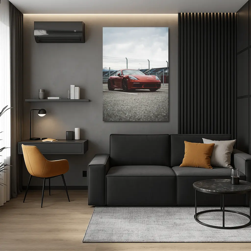 Red Porsche Cayman at Racing Circuit Track – Wall Art