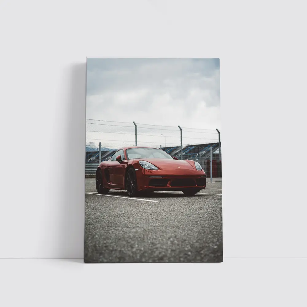 Red Porsche Cayman at Racing Circuit Track – Wall Art