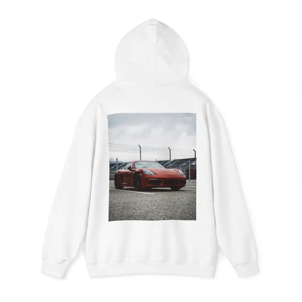 Red Porsche Cayman at Racing Circuit Track – Hoodies