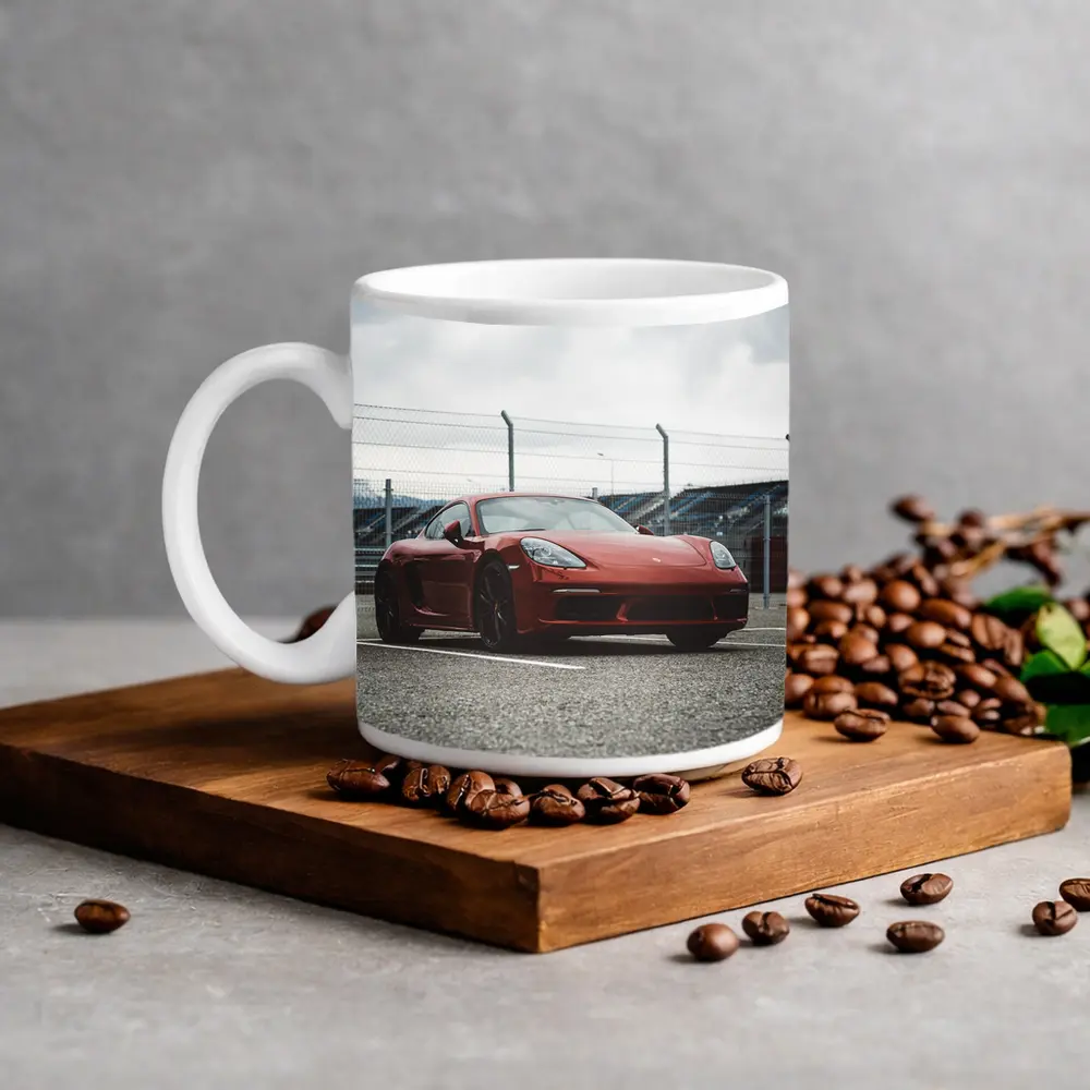 Red Porsche Cayman at Racing Circuit Track – Mugs