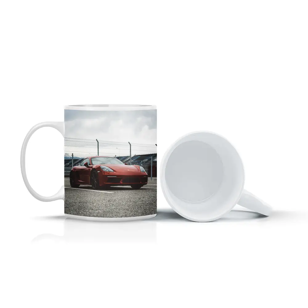 Red Porsche Cayman at Racing Circuit Track – Mugs