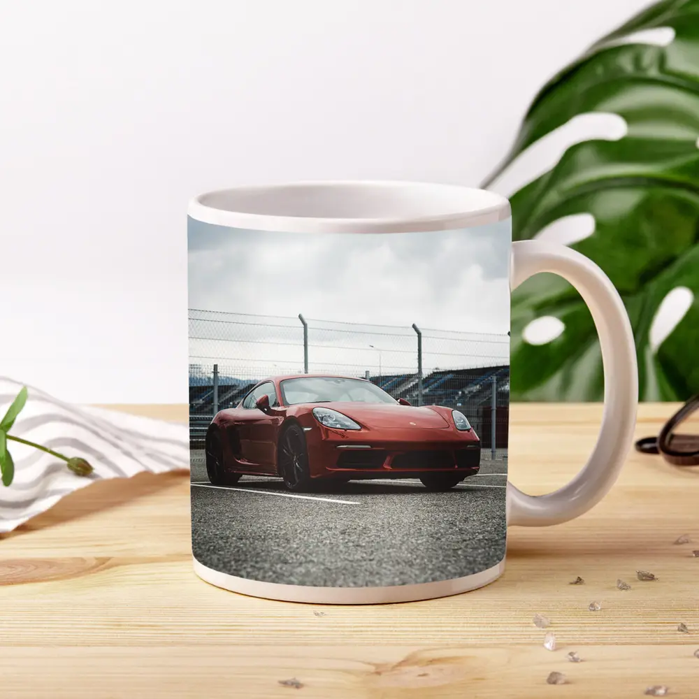 Red Porsche Cayman at Racing Circuit Track – Mugs