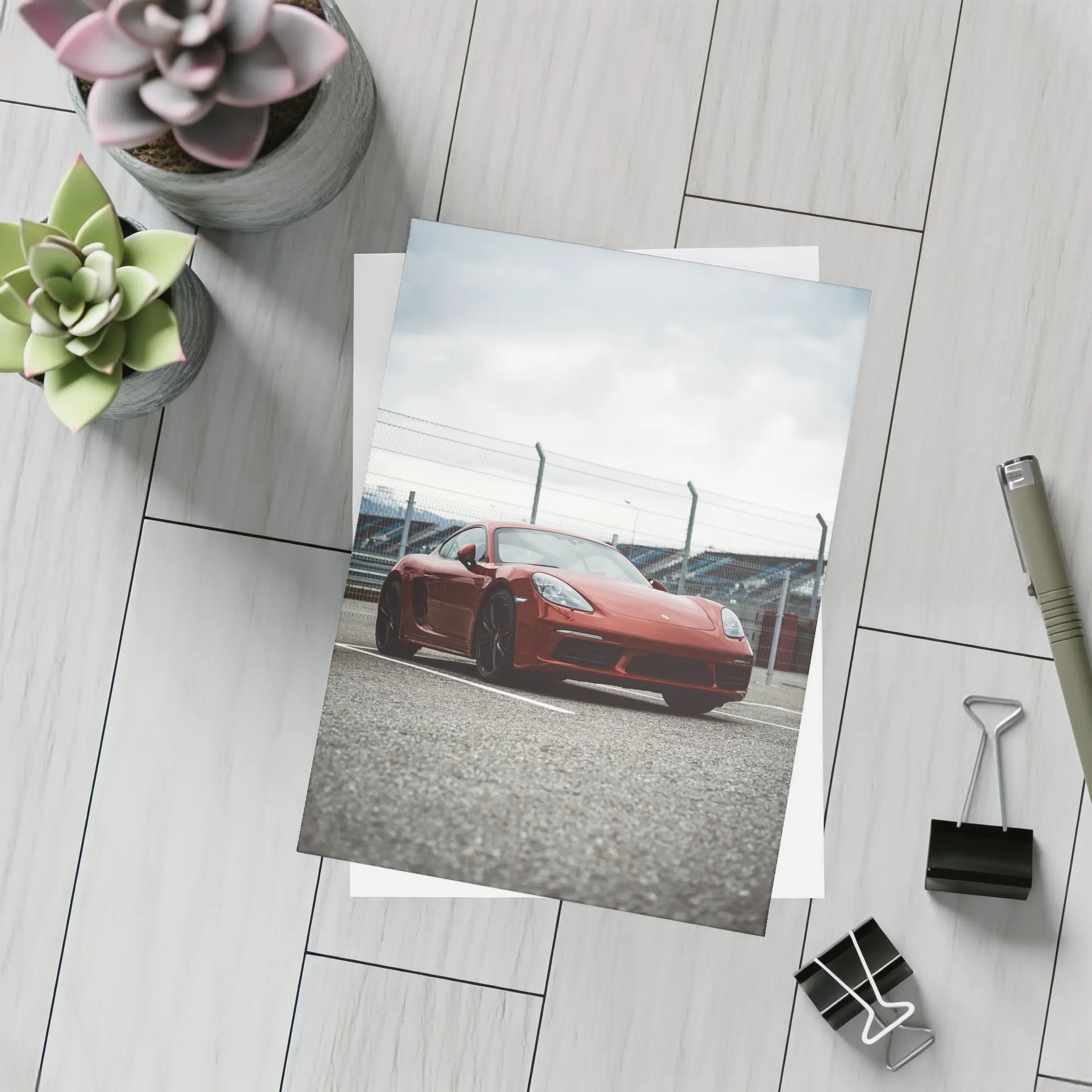 Red Porsche Cayman at Racing Circuit Track – Postcards
