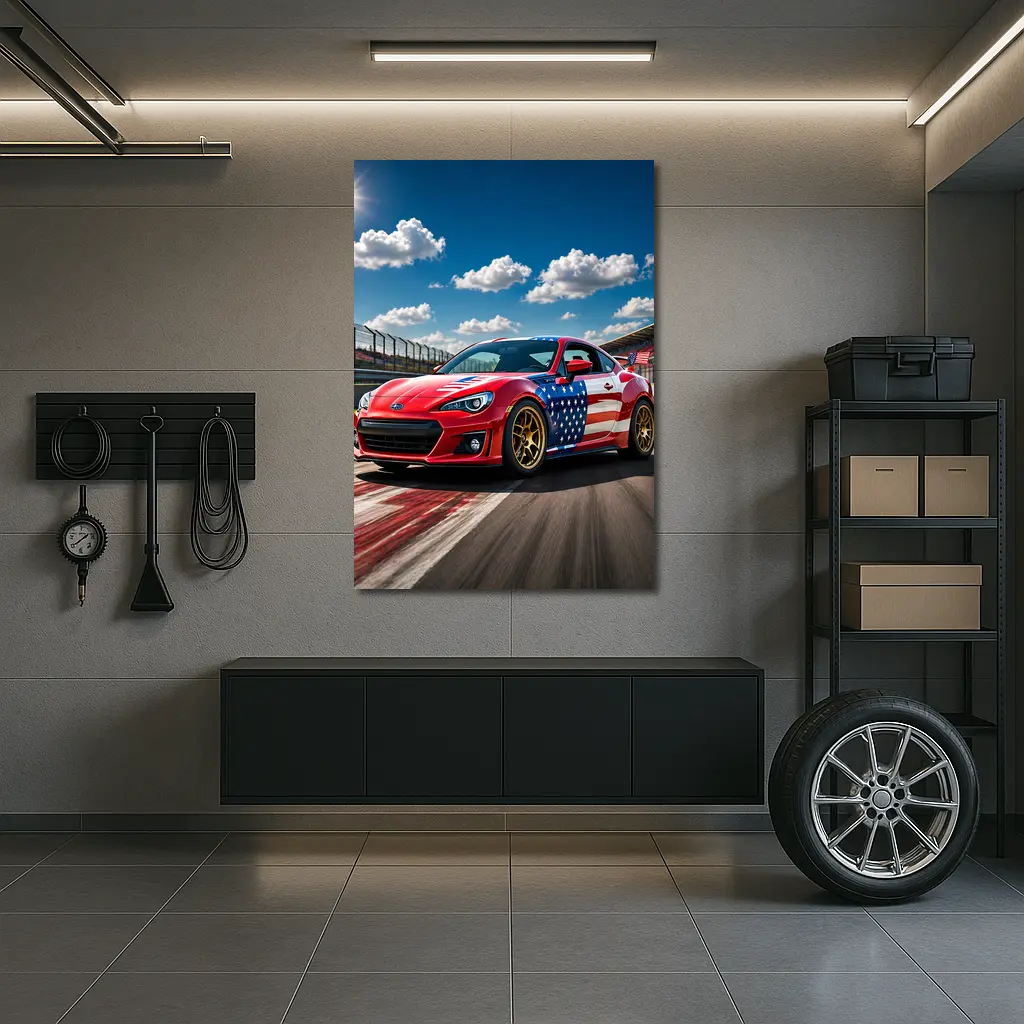 Subaru BRZ American Flag Racing Track Scene – Wall Art