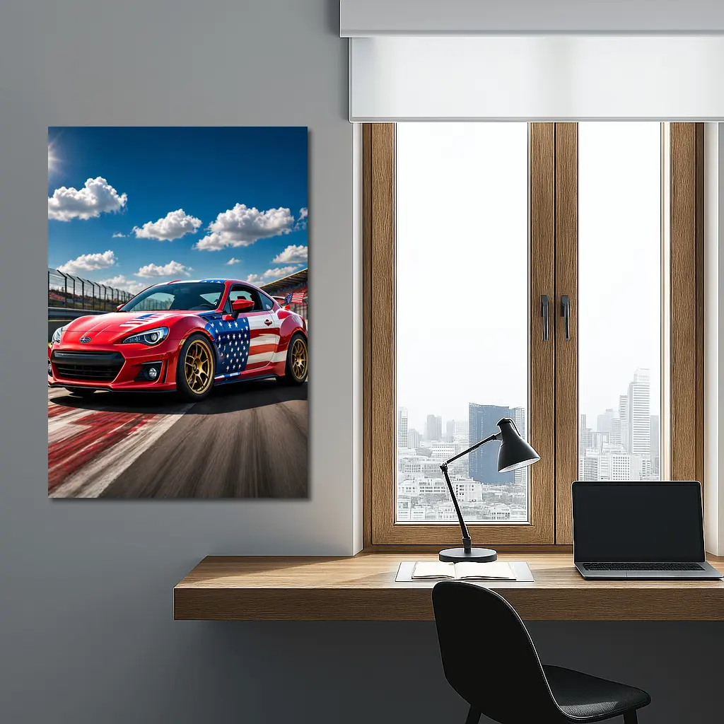 Subaru BRZ American Flag Racing Track Scene – Wall Art