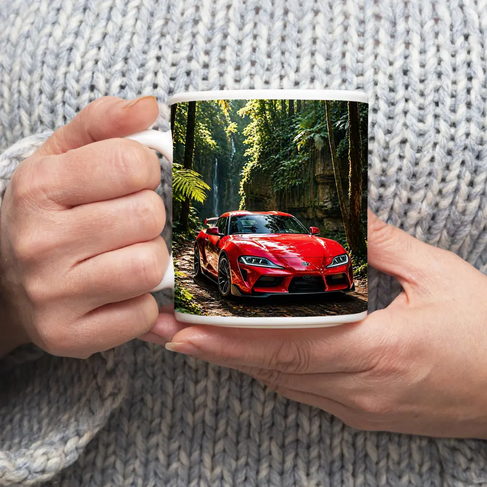Red Toyota Supra Parked In Forest – Mugs