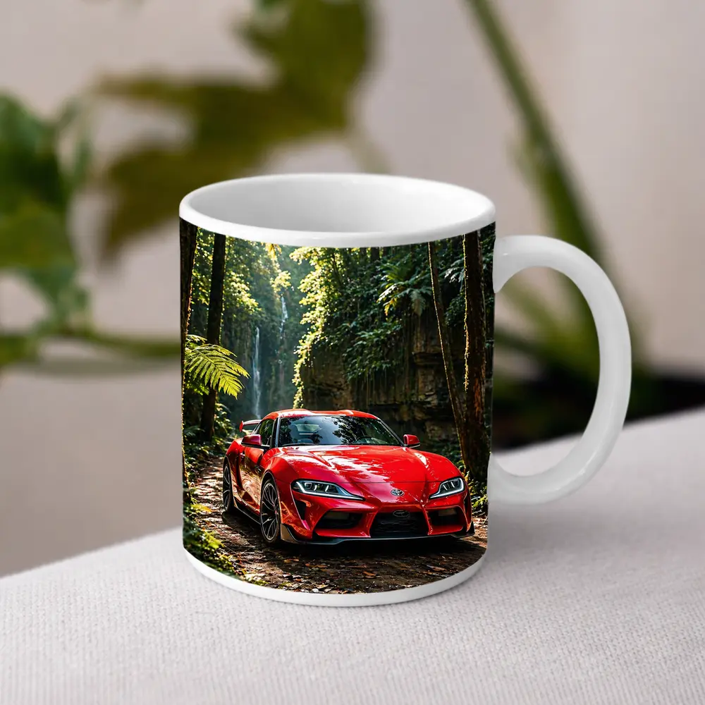 Red Toyota Supra Parked In Forest – Mugs