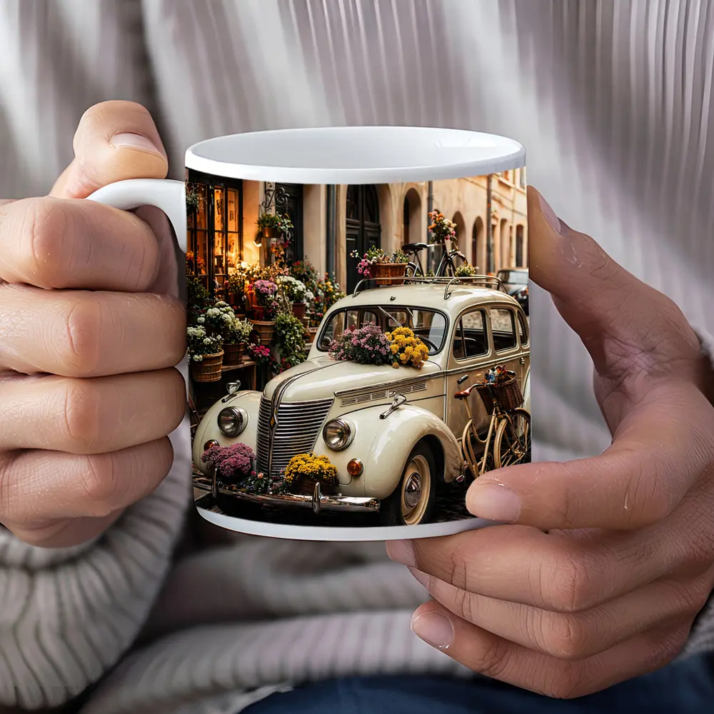 Vintage Classic Car Cobblestone Street Flowers – Mugs