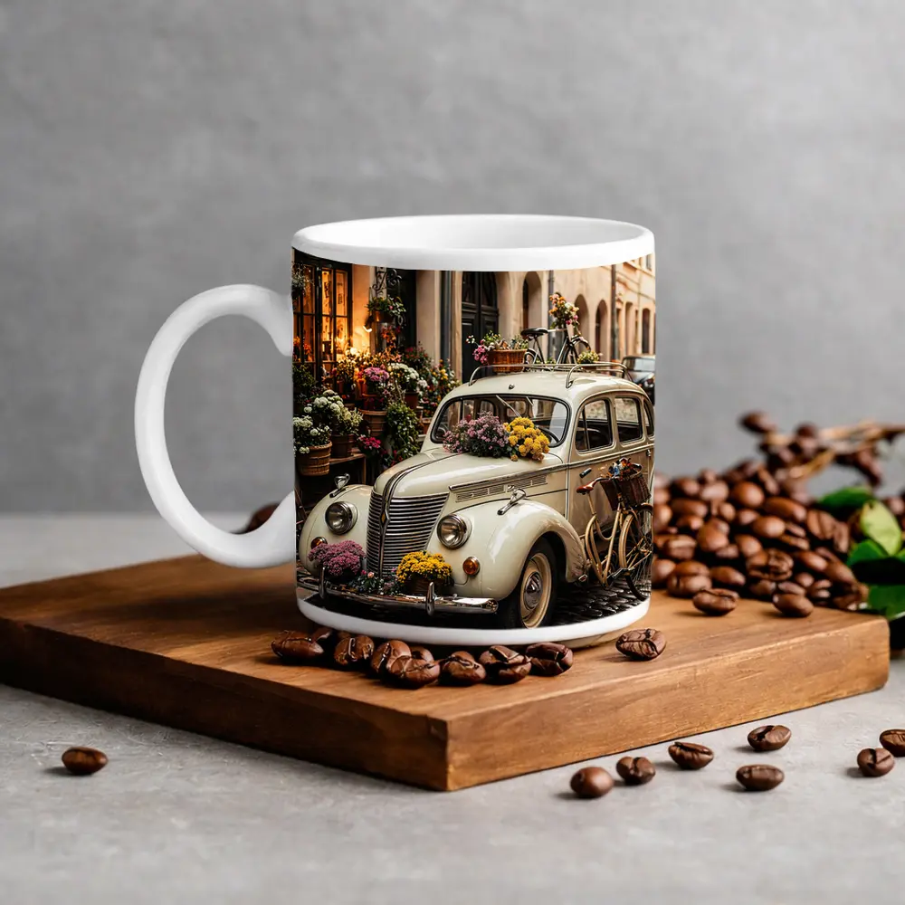 Vintage Classic Car Cobblestone Street Flowers – Mugs