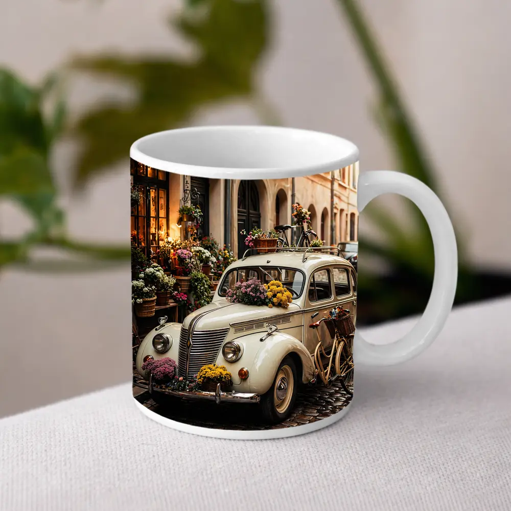Vintage Classic Car Cobblestone Street Flowers – Mugs