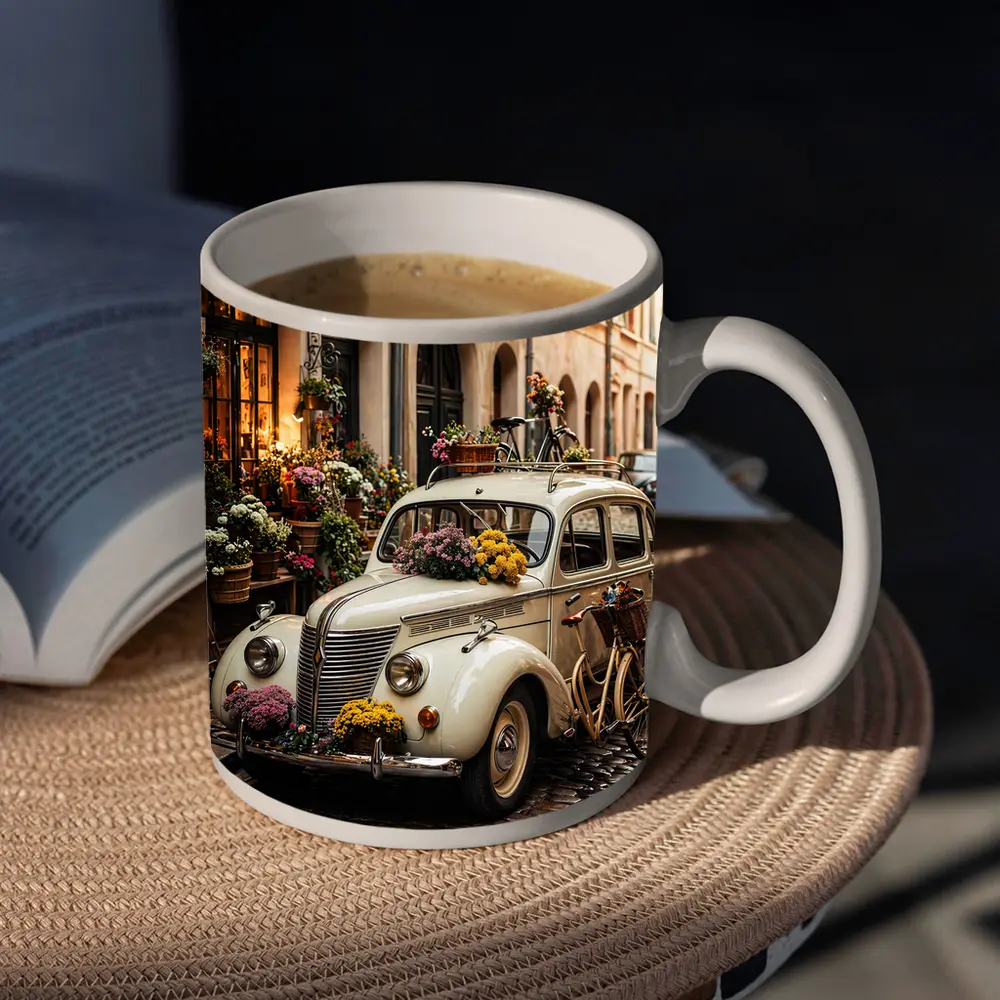 Vintage Classic Car Cobblestone Street Flowers – Mugs