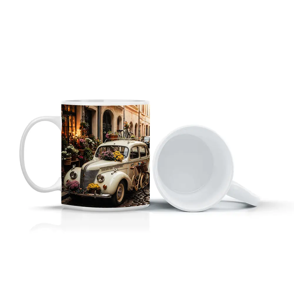 Vintage Classic Car Cobblestone Street Flowers – Mugs