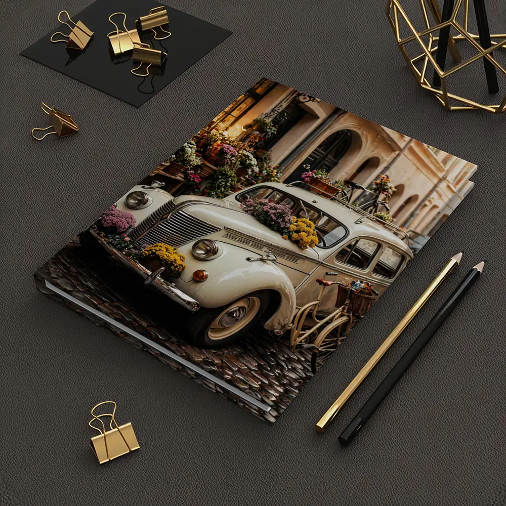 Vintage Classic Car Cobblestone Street Flowers – Notebooks